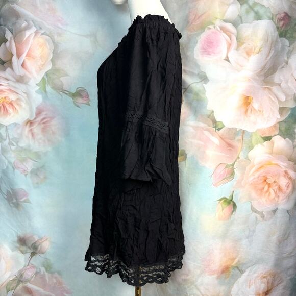 Flying Tomato Black Off Shoulder Peasant Style 3/4 Bell Sleeve Shift Dress - Picture 3 of 4